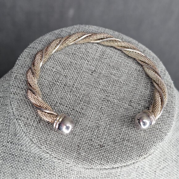 VINTAGE STERLING SILVER CUFF BRACELET, W/MESH BRAID DESIGN 925 J-14 - Picture 2 of 3